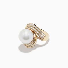 Effy 14K Yellow Gold Fresh Water Pearl and Diamond Crossover Ring Yellow Gold Fine Jewelry Rings With High Luster, Fine Jewelry Diamond Ring With High Luster, Luxury 14k Gold Pearl Ring With Polished Finish, Luxury 14k Gold Pearl Ring, High Luster White Gold Fine Jewelry Rings, White Pearl Ring Stamped 14k, Fine Jewelry White Pearl Ring Stamped 14k, Luxury 14k Gold Pearl Ring With Diamond Accents, Luxury 14k White Gold Pearl Ring