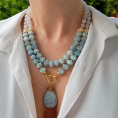 Aquamarine and moonstone layered necklace  with pendant. Statement natural gemstone beaded necklace for women. Large light blue and white handmade necklace with gemstone. Bohemian bright necklace in gold color are suitable for an casual look, evening look and for a holiday. These necklace will be a good Christmas, anniversary, wedding or birthday gift for women, mom, wife, girlfriend, sister or daughter. Women's necklace with natural stone. It emphasizes the beauty of your neck and adds charm to Bright Necklace, Birthday Women, Unusual Necklace, Blue Statement Necklace, Moonstone Pendant Necklace, Lapis Lazuli Necklace, Necklace Ideas, Aquamarine Necklace, Gemstone Beaded Necklace