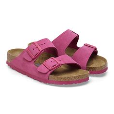 Arizona Soft Footbed Suede Leather Fuchsia Tulip | BIRKENSTOCK Comfortable Pink Footbed Sandals With Textured Footbed, Comfortable Pink Footbed Sandals With Textured Sole, Comfortable Pink Textured Footbed Sandals, Pink Flat Slides With Removable Insole, Pink Cushioned Slide Footbed Sandals, Pink Slide Footbed Sandals With Cushioned Footbed, Comfortable Pink Sandals With Arch Support, Pink Leather Slides With Branded Insole, Pink Leather Footbed Sandals With Removable Insole