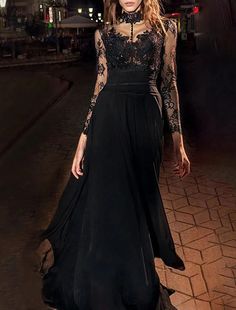 A-Line Evening Gown Vintage Dress Masquerade Floor Length Long Sleeve High Neck Black Dress Chiffon Sheer Maxi Dress For Gala During Prom Season, Black Floor-length Dress For Banquet, Elegant Full Length Chiffon Dress, Elegant Sheer Gown For Banquet, Gala Dress With Sheer Bodice And Full Length, Sheer Bodice Floor-length Gown For Banquet, Gala Full Length Dress With Sheer Bodice, Full Length Gala Dress With Sheer Bodice, Full-length Gala Dress With Sheer Bodice