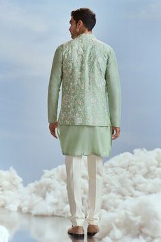 Mint floral embroidered bundi. Paired with an inner kurta and pant. - Aza Fashions Straight Kurta Nehru Jacket With Zari Work For Spring, Designer Chikankari Embroidery Kurta For Spring, Designer Spring Kurta With Chikankari Embroidery, Spring Nehru Jacket With Zari Work, Straight Kurta Style, Spring Fitted Dabka Sherwani, Spring Nehru Jacket With Zari Work, Designer Bandhgala With Zari Work For Spring, Traditional Spring Nehru Jacket With Dabka, Green Floral Embroidered Nehru Jacket For Eid