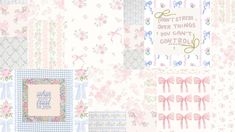 the wallpaper is decorated with pink and blue flowers, bows, and words on it