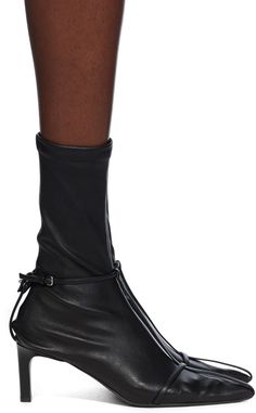 Mid-calf stretch nappa leather boots in black. · Pointed toe · Straps at vamp · Pin-buckle ankle strap · Strap at heel · Bonded jersey lining · Covered stiletto heel with rubber injection · Leather sole with rubber injection · Heel: H2.75 Supplier color: Black Jil Sander Shoes, Calf Stretches, Mid Calf Boots, Jil Sander, Nappa Leather, Black Stretch, Sanders, Stiletto Heel, Mid Calf