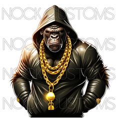 a gorilla wearing a gold chain and hoodie with his hands on his hipss