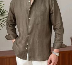 Crafted from linen and premium fabrics to provide a comfortable feeling, Linen smart casual long sleeve shirt features a classic collar and is made to be worn with multiple types of clothing. It is designed for those who exude style and confidence at the same time. Perfectly shirt to match with a casual look or elegant outfit. Benefits: Comfort & Breathable Style: Casual / Elegant Gender: Men Season: All season Material: linenPattern Type: Solid Please check the size chart carefully before placi Brown Long Sleeve Flannel Shirt, Casual Linen Long Sleeve Shirt, Casual Long Sleeve Linen Shirt, Classic Long Sleeve Khaki Shirt, Fitted Long Sleeve Khaki Shirt, Khaki Long Sleeve Shirt With Buttons, Long Sleeve Brown Shirt For Spring, Long Sleeve Shirt With Button Cuffs For Casual Gatherings, Elegant Long-sleeved Linen Shirt