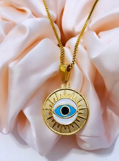 "Evil Eye Necklace, Evil Eye Protection Necklace, Evil Eye Pendant Necklace, Protection Handmade Jewelry,18K Gold Filled Necklace. Available Lengths: 16\", 18\" & 20\" Pendant Size: 23mm x 19mm Perfect for everyday wear and as a gift. All pieces available are delicate. Simple and elegant. 18K Gold Filled is the perfect choice for those of us who are jewelry obsessed but need to stay on a budget. **Waterproof Jewelry and hypoallergenic** ABOUT OUR GOLD-FILLED Our Gold Filled is made with 3%(1/30) Gold-tone Chain Necklace As A Gift, Gold-tone Round Chain Necklace For Gift, Gold Plated Round Amulet Charm Necklace, Gold-tone Amulet Necklace With Round Pendant, Plated Chain Necklace With Round Pendant As Gift, Plated Round Pendant Chain Necklace Gift, Gold Medallion Necklace With Evil Eye, Yellow Gold Plated Round Charm Necklaces, Handmade Gold-tone Chain Necklace Gift