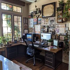 Curated Pictures for Office: Work From Home Professional Room Design, Crafting Desk Setup, L Shaped Home Office Layout, Artists Desk Workspaces, Boho Gaming Desk, Home Art Office, Mans Home Office Masculine Interior, Industrial Home Office Decor, Dark Brown Desk Setup