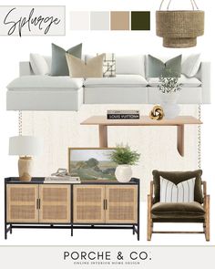 a living room filled with furniture and decor in shades of beige, green, brown and white