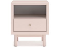 a pink nightstand with two drawers on one side and an open drawer on the other