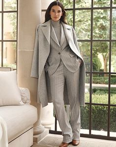 Pinstripe Suit Women, Long Grey Coat, Grey Pinstripe Suit, Ralph Lauren Womens Clothing, Woman In Suit, Light Grey Suits, Woman Suit Fashion, Suit Coat, Pinstripe Suit