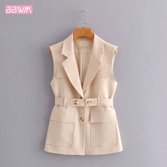 Korean Style Casual Lapel Sleeveless Pocket with Belt Chic Female Coat Harajuku Fashion Single-breasted Women's Jacket Mode Harajuku, Outfit Brunch, Long Party Gowns, Female Coat, Outfit Classic, Outfit Elegant, Church Outfit, Womens Prom Dresses, Tutu Outfits