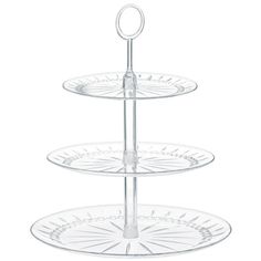 three tiered cake stand with clear plastic plates on each side and an open top