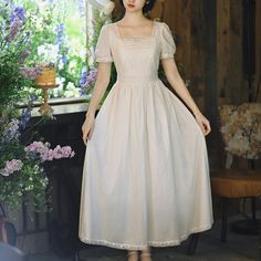 A beautiful, fleeting, sweet romance. A retro dress with a dreamy shimmer. The neckline and cuffs are decorated with lace embroidery. An item that gives a sophisticated and classic impression. 
 
 Size 
 
 S size 
 
 Length: 121cm 
 Shoulder width: 35cm 
 Bust: 86cm 
 Waist: 70cm 
 Sleeve length: 23cm 
 
 M size 
 
 Length: 122cm 
 Shoulder width: 36cm 
 Bust: 90cm 
 Waist: 74cm 
 Sleeve length: 23.5cm 
 
 L size 
 
 Length: 123cm 
 Shoulder width: 37cm 
 Bust: 94cm 
 Waist: 78cm 
 Sleeve length Elegant Vintage Dress With Fitted Bodice, Tea Length, Fitted Dress With Lace Collar And Puff Sleeves, Cottagecore Short Sleeve Party Dress, Elegant Victorian Dress With Lace Sleeves For Spring, Elegant Victorian Dress With Lace Trim For Party, Elegant Fitted Victorian Dress With Lace Sleeves, Fitted Dress With Lace Sleeves For Garden Party, Feminine Vintage Dress With Square Neck For Garden Party, Feminine Vintage Dress With Lace Trim For Formal Events