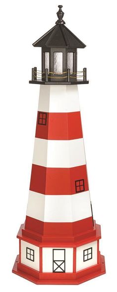 a red and white lighthouse with a black roof