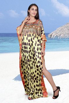 ELEGANT , GORGEOUS & BEAUTIFUL ONE SIZE FIT ALL we make economical range is printed silk style kaftan in very soft satin fabric that give feel of silk and also look like a silk Material: 100% Polyester Quality: Excellent (Best Quality On Our Stock) One size. Fits size small to 4XLarge. Model wear length is 60 inches. Size (optional) :- 55 inches Length 57 inches Length (If any changes in kaftan length Please let us know via email or put buyer note) Absolutely Perfect for any Occasion... Be i Girls Beach Cover Up, Winter Faux Fur Coat, Resort Wear Beach, Girls Beach, Kaftan Maxi Dress, Long Kaftan, Printed Gowns, Silk Kaftan, Dress For Woman