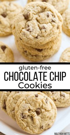 gluten - free chocolate chip cookies on a white plate with text overlay