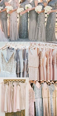 the bridesmaid dresses are all different colors and styles