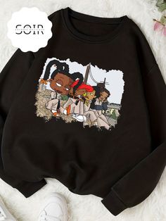 Black Girl Magic 90s Theme Cartoon Graphic Long Sleeve Sweater - Soirées Boutique Black Cutout Dress, Iconic 90s, 90s Girl, 90s Theme, Denim Crossbody, 90s Era, Cozy Fits, Bold Black, Sweater Making