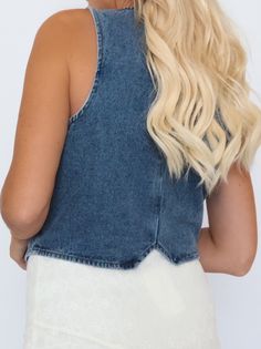 Button Front Denim Vest Sleeveless Front Pockets Asymetrical Hem 100% Polyester Size Chart Size Small Measurements Length: 31" Model is wearing a size:Fit: Graphic Print Top, Sleeveless Sweater, Loungewear Sets, Denim Vest, Skirt Leggings, Long Sweaters, Blazer Coat, Hat Hairstyles, Print Tops