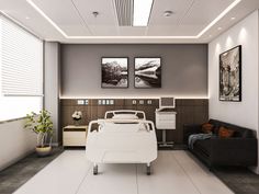 a hospital room with a bed, couch and two pictures on the wall above it