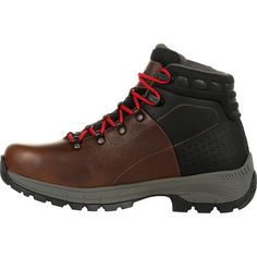 The men's Georgia Boot Eagle Trail collection combines lightweight construction with supreme comfort creating a hiker style work boot perfect for light indoor and outdoor industrial applications.The upper on this 6-inch protective toe boot features the incredibly tough and abrasion resistant SPR™ leather, dual functioning hardware, and a molded collar for added comfort. It comes with a pair of red and a pair of black laces.The alloy toe is Ergo-Fit. It allows your toes more wiggle room while sti Rugged Lace-up Impact Resistant Hiking Boots, Slip-resistant Moc Toe Hiking Boots For Walking, Slip-resistant High-top Waterproof Boots For Adventure, Slip-resistant Lace-up Hiking Boots For Adventure, Impact Resistant Leather Lace-up Hiking Boots, Gore-tex Hiking Boots Impact Resistant For Outdoor Work, Gore-tex Hiking Boots For Outdoor Work, Impact Resistant, Impact Resistant Gore-tex Hiking Boots For Outdoor Work, Impact-resistant Gore-tex Hiking Boots For Outdoor Work