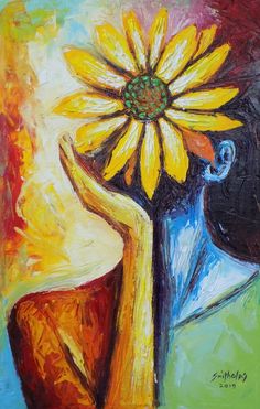 a painting of a person holding a yellow flower in their hand with the other hand