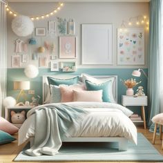 Idea for a cozy and feminine teenage girl's bedroom. This design feature soft pastel colors, comfortable furnishings, and personal touches, creating a warm and inviting atmosphere. Pastel Girls Room, Girls Blue Bedroom, Teenager Bedroom Design, Ideas Habitaciones, Pastel Bedroom, Big Girl Bedrooms, Kids Bedroom Inspiration, Teenage Room, Soft Pastel Colors