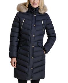 New Michael Kors Petite Faux-Fur-Trim Hooded Down Puffer Coat PXS Black L1202 Imported Lined Long sleeves with knit cuffs for added protection Stand collar with removable hood & faux-fur trim; front zipper closure Two zipper pockets at chest; two flap pockets at waist Size & Fit Approx. 34" long from center back to hem Materials & Care Machine washable Shell: nylon; lining: polyester; body & sleeve fill: down/feathers; panel, hood & collar fill: polyester; fill power: 450; knit trim: acrylic; fa Women's Puffer Coats, Hooded Faux, Down Puffer Coat, Women's Jackets, Faux Fur Collar, Down Coat, Cozy Knits, Michael Kors Black, Puffer Coat