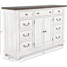 an image of a white dresser with drawers and knobs on the bottom half side