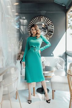 Fabric: High-quality faux silk Cotton 50%, Polyester 50% Belted dress Long sleeves Midi length Dress length: 120cm/ 47.2in Sleeve length: 61cm/ 24in Long Sleeve Dress Midi, Dress Long Sleeves, Belted Midi Dress, Long Midi Dress, Green Midi Dress, Long Sleeve Midi, Green Silk, Midi Length Dress, Long Sleeve Midi Dress