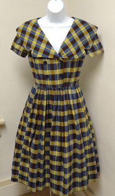 Vintage 1950s 50s Blue Yellow Plaid Print Dress Cotton Full Skirt VLV Small S - Etsy Retro Cotton Dress For Picnic, Cotton 1950s Style Lined Dresses, Retro Cotton Vintage Dress For Daywear, 1950s Style Lined Cotton Vintage Dress, 1950s Style Cotton Vintage Dress, 1950s Cotton Vintage Dress For Vintage Fashion Events, 1950s Style Cotton Lined Dress, 1950s Style Cotton Dress For Vintage Fashion, Vintage Button Dresses For Picnic