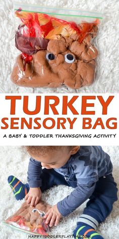 a baby is playing with a stuffed animal in a bag and the text turkey sensory bag