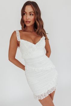 Lace mini dress Fully lined Frill trim detail Off-shoulder style Invisible zip at back You'll be livin' la vida loca in this super cute dress. We are obsessed with the lace overlay and adorable frill trim. Perfect for a bachelorette or an extra special birthday party. Team it with white, strappy heels and a clutch for a white-hot look. CARE Hand Wash Cold. Do Not Iron. MATERIAL SPANDEX/POLYESTER Scalloped Lace Mini Dress For Date Night, Fitted Mini Lace Dress With Ruffles, Summer Lace Trim Mini Bodycon Dress, Lace Trim Mini Dress For Date Night, Summer Mini Bodycon Dress With Lace Trim, Flirty Sleeveless Lace Dress, Flirty Sleeveless Lace Dress With Lace Trim, Sleeveless Flirty Lace Dress With Lace Trim, Flirty Lace Mini Dress