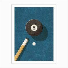 a pool ball and cue with the number eight on it's side art print