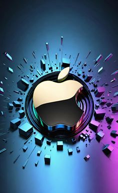 an apple logo surrounded by many cubes and broken glass pieces on a black background