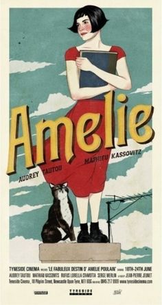 an advertisement for amelie with a woman standing on top of a building next to a cat