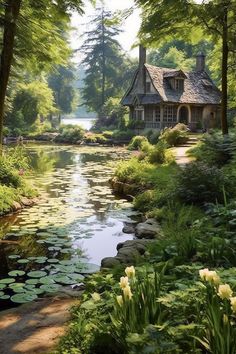 a painting of a house in the woods with lily pads and water lillies around it