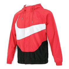 Nike Sportswear Swoosh Logo Red Jacket Red Sporty Long Sleeve Hooded Jacket, Sporty Red Hooded Jacket With Long Sleeves, Red Sportswear Hooded Jacket For Sports, Red Sporty Outerwear With Drawstring Hood, Sporty Red Outerwear With Drawstring Hood, Red Hooded Track Jacket For Outdoor Activities, Red Long Sleeve Sports Hooded Jacket, Red Hooded Track Jacket, Red Long Sleeve Hooded Jacket For Sports