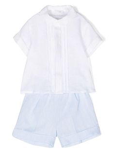 white/blue linen/flax semi-sheer construction pintuck detailing Peter Pan collar concealed front button fastening short sleeves straight hem elasticated waistband straight leg turn-up hem Linen Shorts Set, White Sleepwear With Built-in Shorts, Linen Bermuda Shorts, Water Consumption, Kenzo Kids, Linen Set, Linen Shorts, Stella Mccartney Kids, Pan Collar