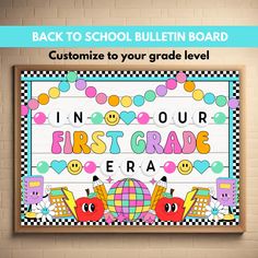 back to school bulletin board for first grade students with checkered border and embellishments