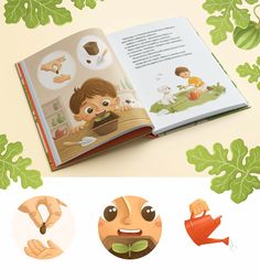 an open children's book with illustrations of people and plants