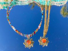 Sun Necklace, Sun Pendant, Boho Choker, Pendant Choker, Gold Sun, Hippie Necklace, Blue Evil Eye, Necklace Beaded, Beaded Choker Necklace