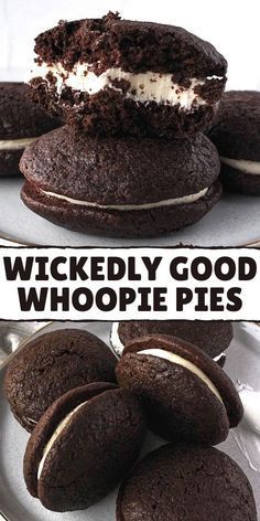 chocolate cookies with white frosting are stacked on top of each other and the words, wrecked good whoopie pies