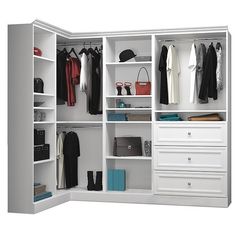 an open white closet with clothes and handbags