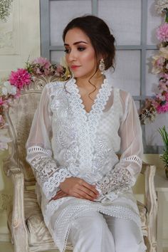 Lily White | Pakistani Designer Outfit | Sarosh Salman Wedding Blouse With Chikankari Embroidery For Eid, Designer White Blouse For Eid, White Blouse With Dupatta For Eid, Organza Blouse For Wedding And Eid Festival, Wedding Eid Organza Blouse, Designer Lace Work Kurta, Eid Anarkali Style White Blouse, White Anarkali Blouse For Eid, Designer Chikankari Embroidery Blouse For Eid