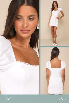 Leave everyone in total awe of how fabulous you look when you arrive in the Lulus Adorable Poise White Pearl Puff Sleeve Mini Dress! Sleek, satin-like woven fabric shapes this eye-catching dress that features a seamed bodice, a trendy square neckline, and short puff sleeves (with elastic at the shoulders and cuffs). The fitted waist tops a figure-flattering, bodycon skirt that finishes at a flirty mini hem. Gleaming faux pearls accent the neckline and waist for an extra luxe finish. Hidden back Chic Satin Puff Sleeve Dress For Spring, Summer Satin Mini Dress With Puff Sleeves, Summer Satin Puff Sleeve Dress, Summer Evening Satin Puff Sleeve Dress, Elegant Satin Puff Sleeve Dress For Spring, Satin Puff Sleeve Summer Dress, Satin Square Neck Dress For Brunch, Square Neck Satin Dress For Brunch, Spring Satin Mini Dress With Puff Sleeves