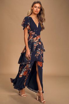 Lovely Navy Blue Dress - Tiered Maxi Dress - Floral Print Dress - Lulus Bohemian Evening Dress In Georgette, Bohemian Georgette Evening Dress, Bohemian Floral Print Dress In Georgette, Bohemian Floral Print Georgette Dress, Bohemian Georgette Dress With Floral Print, Party Floral Print Maxi Dress In Georgette, Chiffon Maxi Dress With Floral Print For Gala, Party Floral Print Georgette Maxi Dress, Red Floral Print Georgette Dress