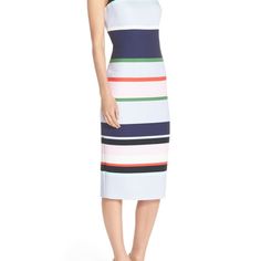 This Multicolored Stripe Dress Stretch Across A Figure-Flattering Sleeveless Sheath Cut With A Hint Of Stretch And Styled With An Elegant Jewel Neckline. Size 10 (Fits True To Size) Hidden Back-Zip Closure Sleeveless 44” Shoulder To Hem 37” Bust, 30” Waist, 39” Hips 90% Polyester, 10% Spandex Dry Clean Only Nonsmoking Home Cynthia Rowley Dress, Dress Stretch, Jewel Neckline, Stripe Dress, Cynthia Rowley, Striped Dress, Sheath Dress, Blue Purple, Blue And Purple