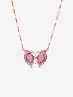 Argyle Pink™ Diamond and Pink Tourmaline Butterfly Necklace by J FINE with 1.88ct Pink Tourmaline and 0.17ct Argyle Pink™ 8P/9P/PC1 Diamonds. 18K Pink Gold on 18" Chain. Natural gemstones may display visible inclusions, or nature's fingerprints, which makes each one unique. Necklace not pictured in model shot. Luxury Pink Faceted Necklaces, Luxury Pink Faceted Necklace, Luxury Pink Jewelry With Adjustable Chain, Luxury Pink Birthstone Jewelry, Pink Blue Diamond Necklace, Luxury Pink Necklace With Gemstone Accents, Luxury Pink Necklaces With Gemstone Accents, Luxury Faceted Women's Necklaces, Luxury Pink Elegant Diamond Necklace