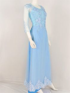 Light Blue Ao Dai Crystal Vietnamese Long Dress / Áo Dài Xanh Lợt Đính Đá Cườm -3 lớp Fitted Blue Ao Dai For Summer, Elegant Blue Fitted Ao Dai, Elegant Blue Ao Dai For Formal Occasions, Summer Fitted Blue Ao Dai, Blue Ao Dai For Summer, Light Blue Evening Gown For Spring, Elegant Evening Blue Ao Dai, Blue Long Sleeve Evening Dress For Spring, Formal Blue Ao Dai For Spring